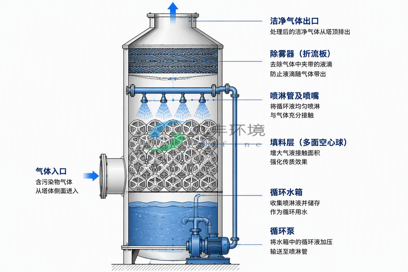 喷淋洗涤塔结构组成与工作原理示意图